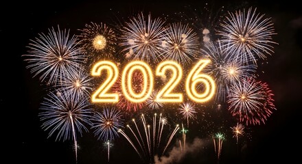 Happy New Year 2026 Background with Golden Numbers and Fireworks