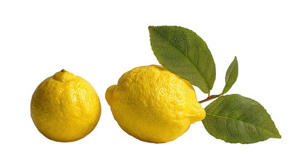 Two Ripe Yellow Lemons with Green Leaves on Black Background