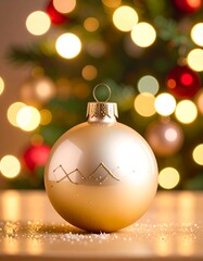 A decorative, light beige Christmas ornament stands out against a blurred backdrop of twinkling holiday lights and a festive Christmas tree.
