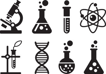 Modern Science Icons DNA Atom Microscope Lab Flasks