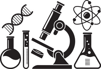Science icons DNA microscope lab flasks atom discovery