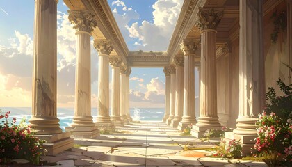 Serene colonnaded walkway overlooking a tranquil ocean at sunrise, bathed in warm light.