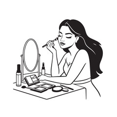 Black and white line art of a beautiful woman doing makeup at dressing table with mirror illustration
