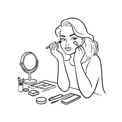 Black and white line art of a beautiful woman doing makeup at dressing table with mirror illustration
