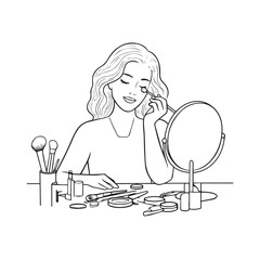 Black and white line art of a beautiful woman doing makeup at dressing table with mirror illustration
