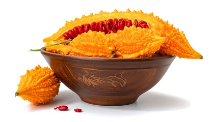 A vibrant display of spiky, orange-yellow gourds nestled within a rustic, brown bowl against a plain white background.