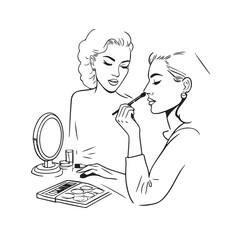Black and white line art of a beautiful woman doing makeup at dressing table with mirror illustration
