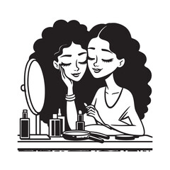 Black and white line art of a beautiful woman doing makeup at dressing table with mirror illustration
