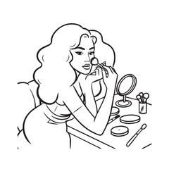 Black and white line art of a beautiful woman doing makeup at dressing table with mirror illustration
