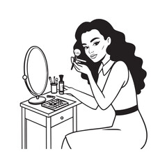Black and white line art of a beautiful woman doing makeup at dressing table with mirror illustration

