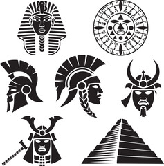 Ancient warriors and pyramids bold graphic icons