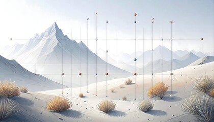 Abstract parallax design featuring a mountain landscape with a geometric grid overlay and colorful floating spheres. It represents a blend of technology and nature, data visualization, and modern art.