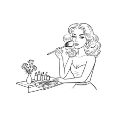 Black and white line art of a beautiful woman doing makeup at dressing table with mirror illustration
