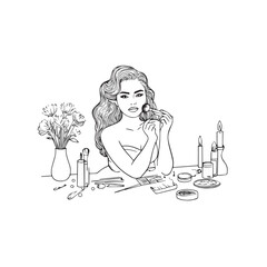 Black and white line art of a beautiful woman doing makeup at dressing table with mirror illustration
