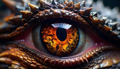 Naklejka premium A stunningly detailed, macro close-up of a dragon's eye. The reptilian iris glows with fiery shades of orange and yellow, surrounded by intricate, scaly skin and spiky horns.