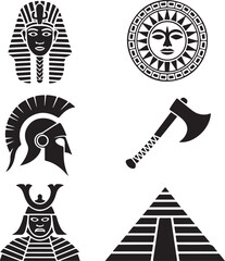 Ancient symbols pharaoh helmet sun axe samurai pyramid