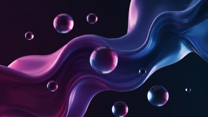 Abstract flowing liquid waves with floating spheres on dark background