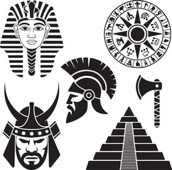 Ancient warrior symbols pharaoh samurai Roman warrior pyramid
