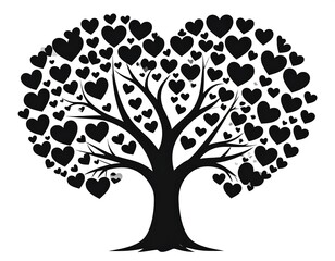 A symmetrical black silhouette tree design, elegantly adorned with numerous heart-shaped decorations, radiating a peaceful and loving mood.