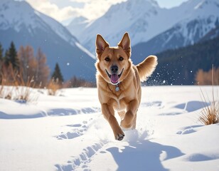 A happy dog runs through a snowy landscape, mountains in the background.
