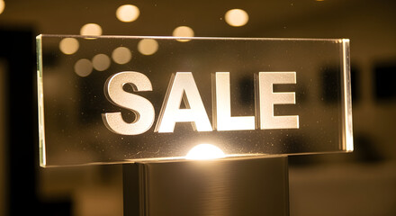 Fototapeta premium Photorealistic glass sale sign illuminated from behind