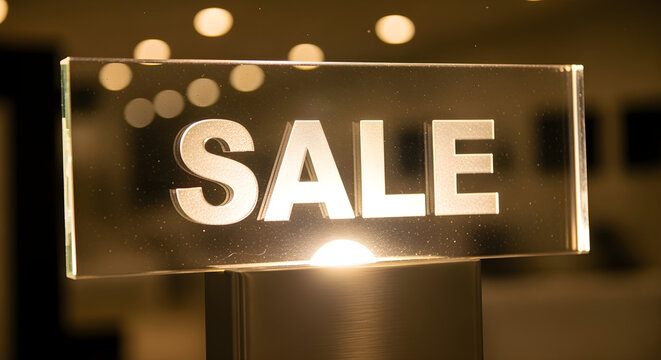 Photorealistic glass sale sign illuminated from behind