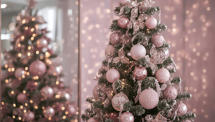 Elegant christmas tree decoration in delicate pink indoor setting lucid realism background holiday atmosphere