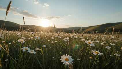 Sunrise action over daisy meadow nature background scenic landscape warm light viewpoint