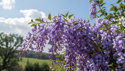 Delicate purple wisteria blooms at scenic landscape background nature photography vibrant spring environment close-up view