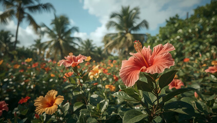 Vibrant hibiscus flowers in lush tropical background nature scene close-up bright daylight botanical beauty