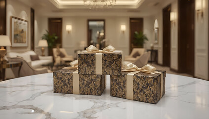 Elegant gift boxes with intricate gold patterns luxurious interior background still life composition opulent environment