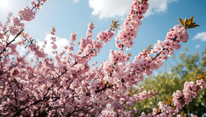 Gently falling pink cherry blossoms in a serene nature background captured in lucid realism from a tranquil viewpoint