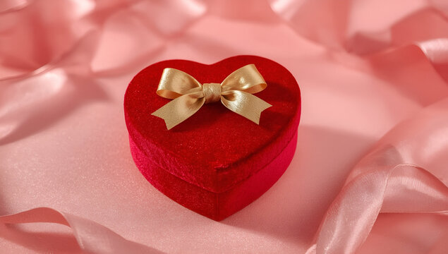 Gift giving action romantic occasion heart-shaped red velvet box soft pink background close-up view concept of love