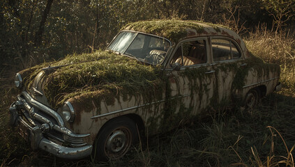 Abandoned vintage car covered in moss nature background photography rustic environment close-up view lucid realism concept