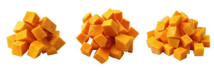 Freshly Cut Cubes of Bright Orange Butternut Squash on a Transparent Background