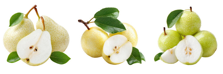 Fresh Pears with Green Leaves on Transparent Background for Healthy Eating