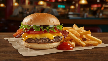 Sizzling american cheeseburger with melted cheese diner background food photography cozy environment close-up delicious concept