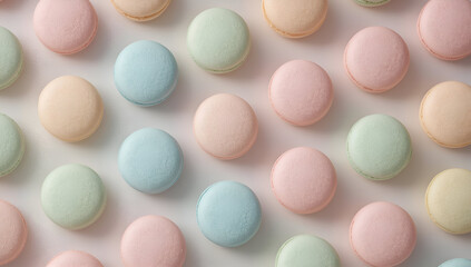 Delightful assorted macarons in soft pastel colors kitchen background food photography bright environment top view sweet concept