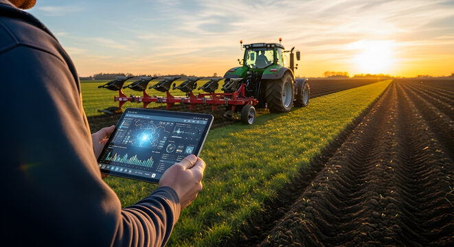 Modern Farmer Utilizing Advanced Technology on a Tractor with Tablet for Efficient Agricultural Practices During Stunning Sunset Over Fields - Powered by Adobe