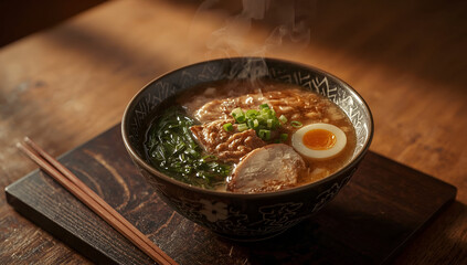 Savoring lucid realism japanese ramen bowl with steaming tonkotsu in a rustic background
