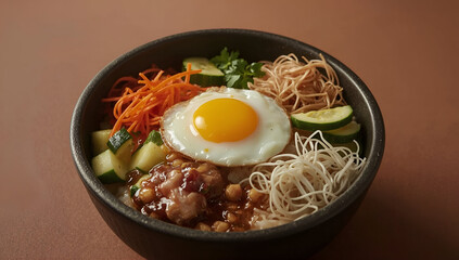 Korean bibimbap preparation traditional cuisine stone pot bowl background culinary art close-up lucid realism