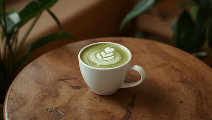 Delicate matcha latte art cozy  beverage photography greenery surroundings close-up viewpoint serene ambiance