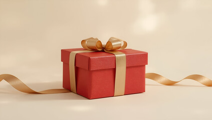 Elegant red gift box with golden ribbon against soft background luxurious presentation minimalist style warm atmosphere