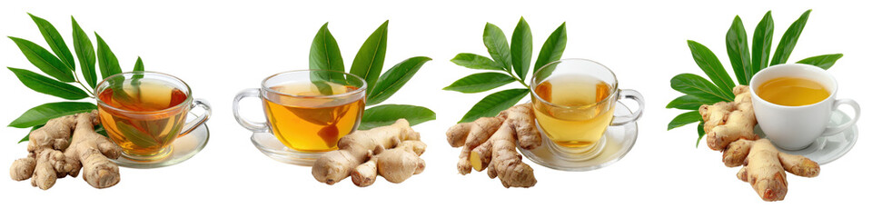 Fresh Ginger Tea Cups with Green Leaves on Transparent Background