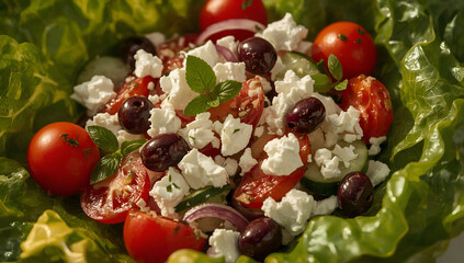 Mediterranean greek salad with crumbled feta vibrant background culinary art outdoor setting fresh ingredients