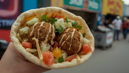 Delicious falafel wrap with creamy hummus street vendor urban background food photography close-up view