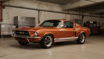 Restored vintage mustang with gleaming chrome garage setting automotive photography industrial background
