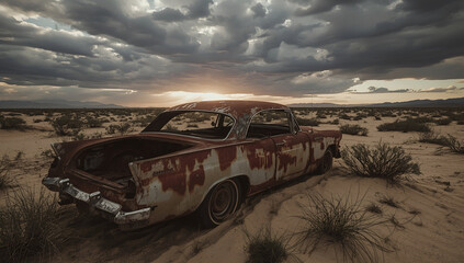 Rusty abandoned vintage car at dusk desert background photography natural landscape side view lucid realism concept