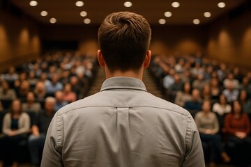 Fototapeta premium Man standing on stage facing large seated audience in auditorium, concept of leadership, presentation, conference, seminar, keynote speech, business communication and public speaking