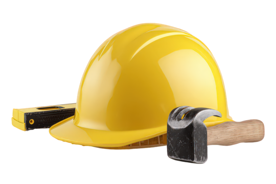 Bright Yellow Safety Helmet With Measuring Tape And Hammer
